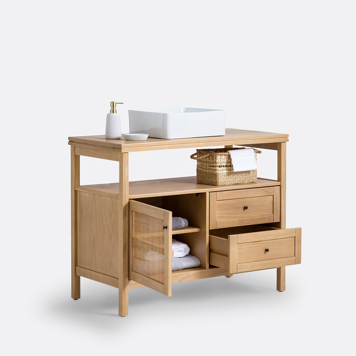 LA REDOUTE INTERIEURS<br>Móvel lavatório de pinho e rattan L100 cm, Gabin