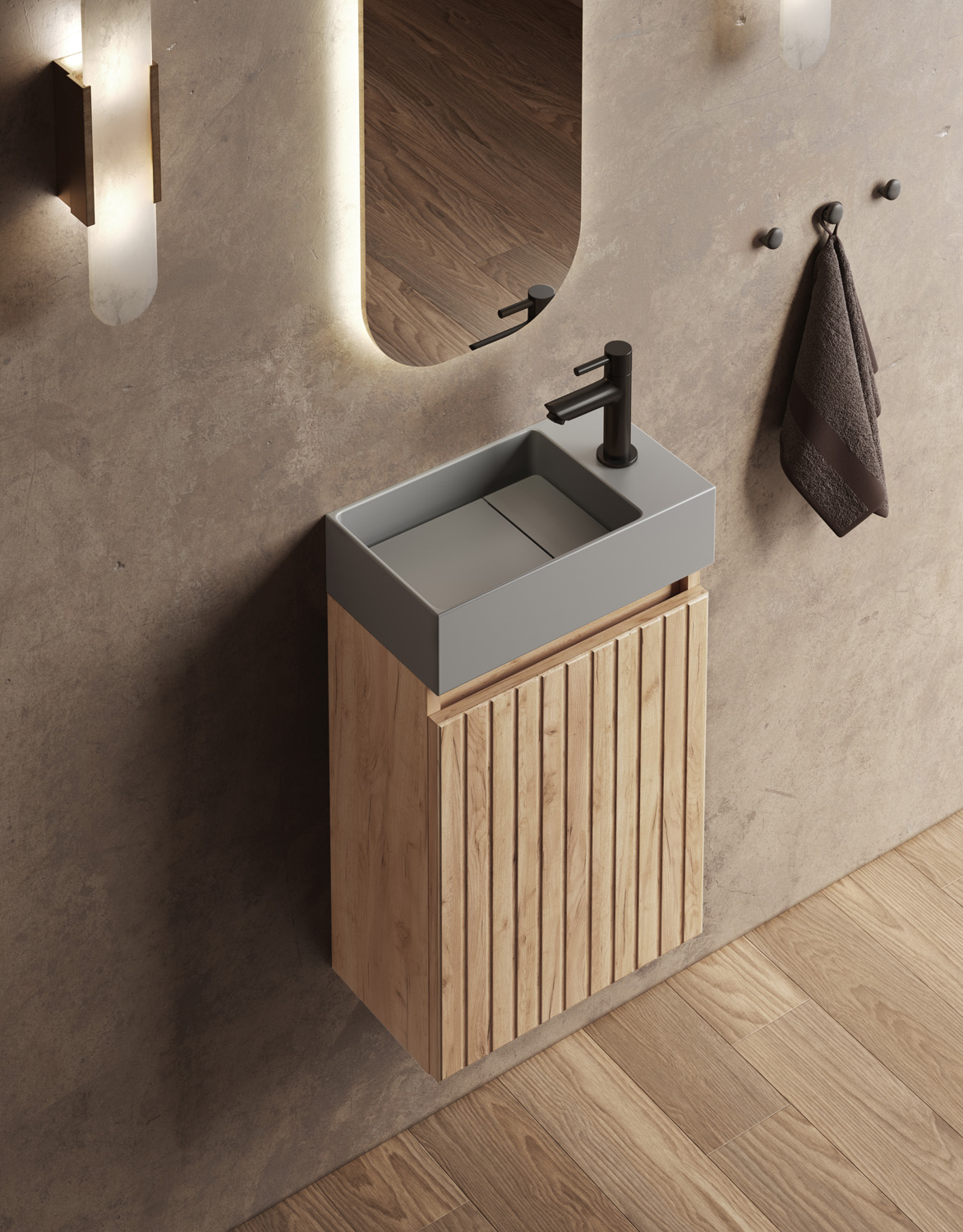 Fontana Itsie toiletmeubel warm eiken ribbelfront 40cm met fontein in mat grijs