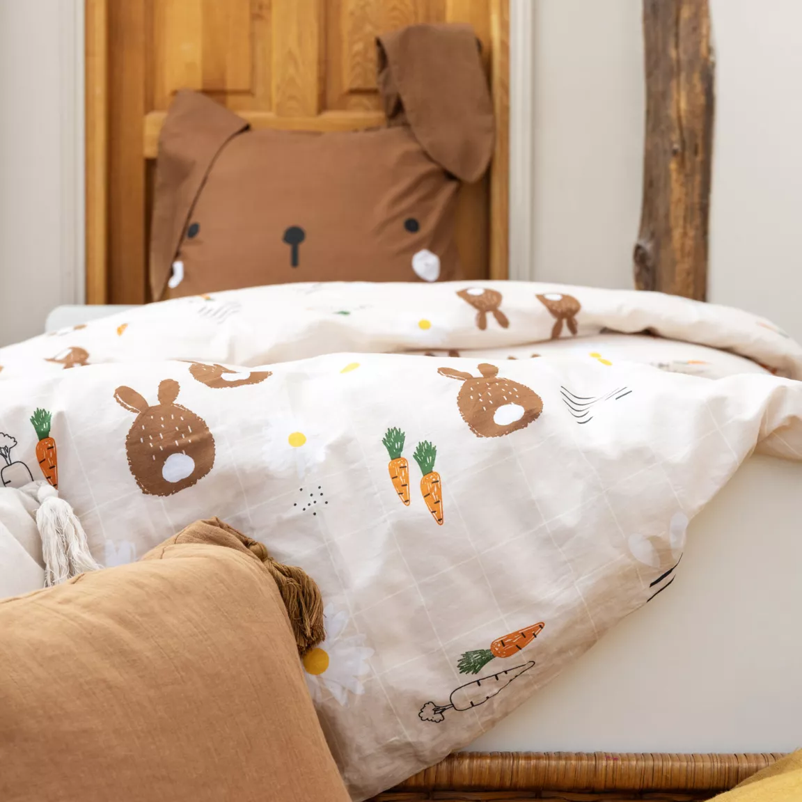 Housse de couette et une taie enfant coton (140 x 200 cm) Pompon Marron