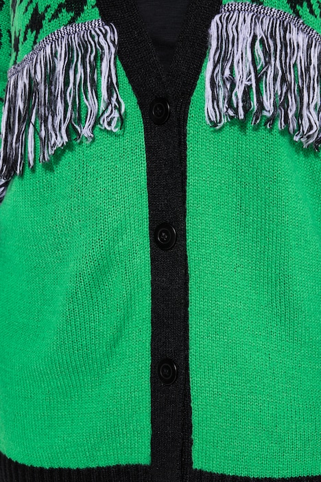 Strickjacke, oversized, Hahnentritt, Fransen, Langarm