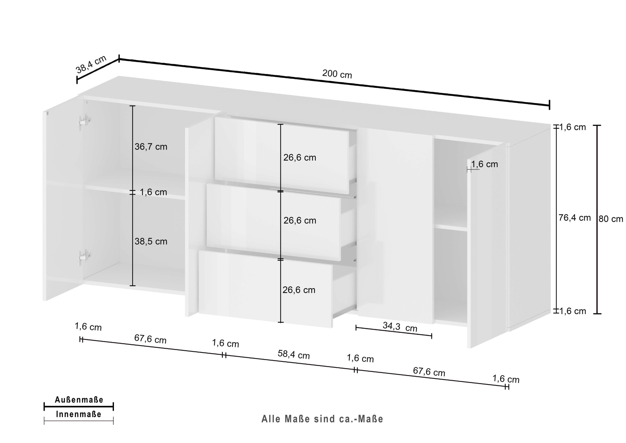 INOSIGN Sideboard »Egypt, Kommode, Schrank, Kredenz,  grifflos« 4 Türen, 3 Schubkästen mit Push-To-Open Funktion, Hochglanz Breite 200