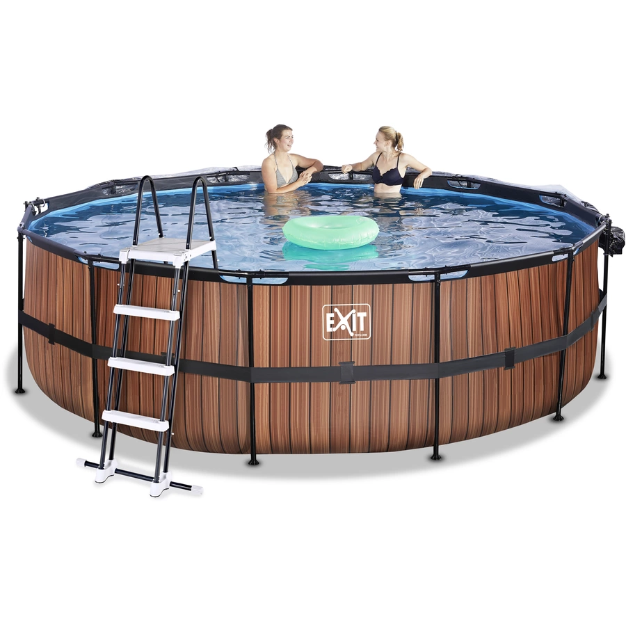 EXIT Wood Pool ø450x122cm mit Abdeckung und Sandfilterpumpe, braun