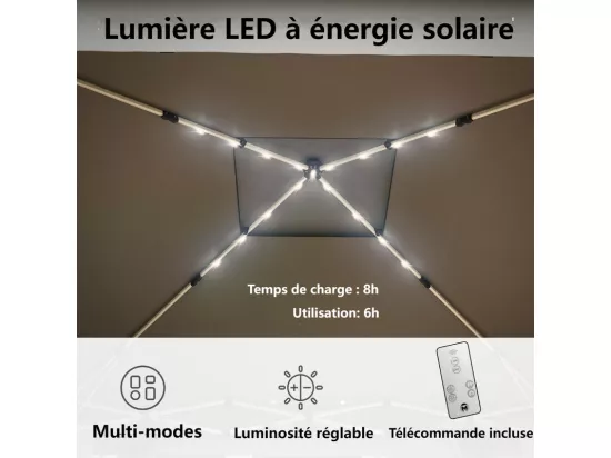 Tonnelle Portable 3 x 3 m, Pop-up, avec LED solaire, 4 rideaux, double toit, hauteur réglable, sac de rangement avec roues