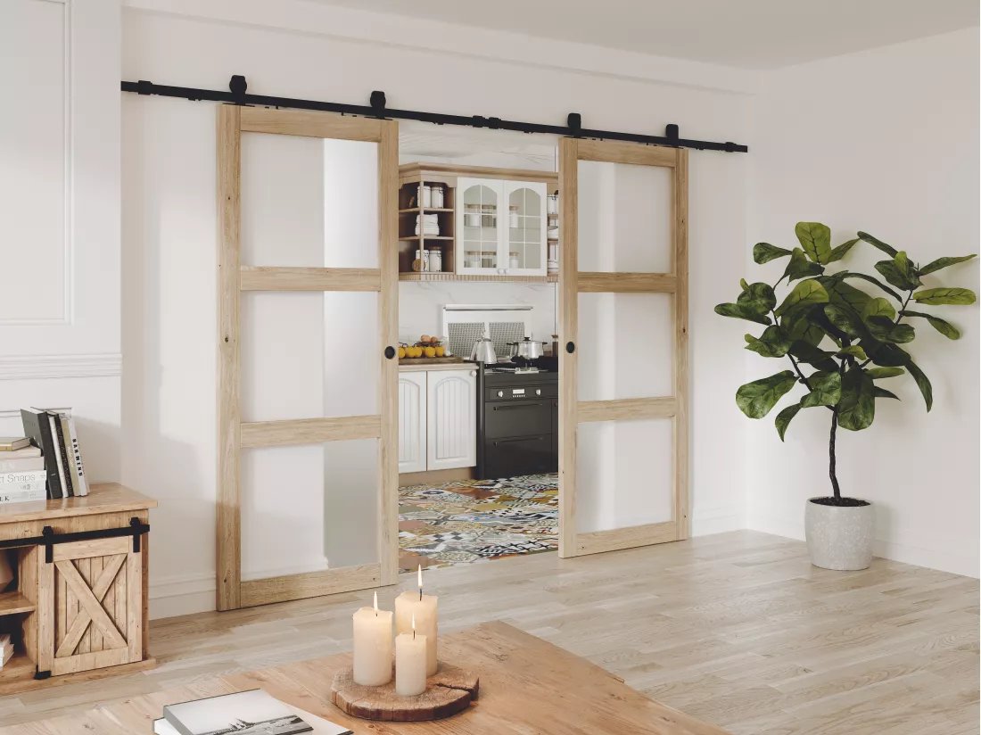Porte coulissante double avec système en applique en bois et verre trempé dépoli - 3 fenêtres - 2 x H205 x L93 cm - ACOSTA II