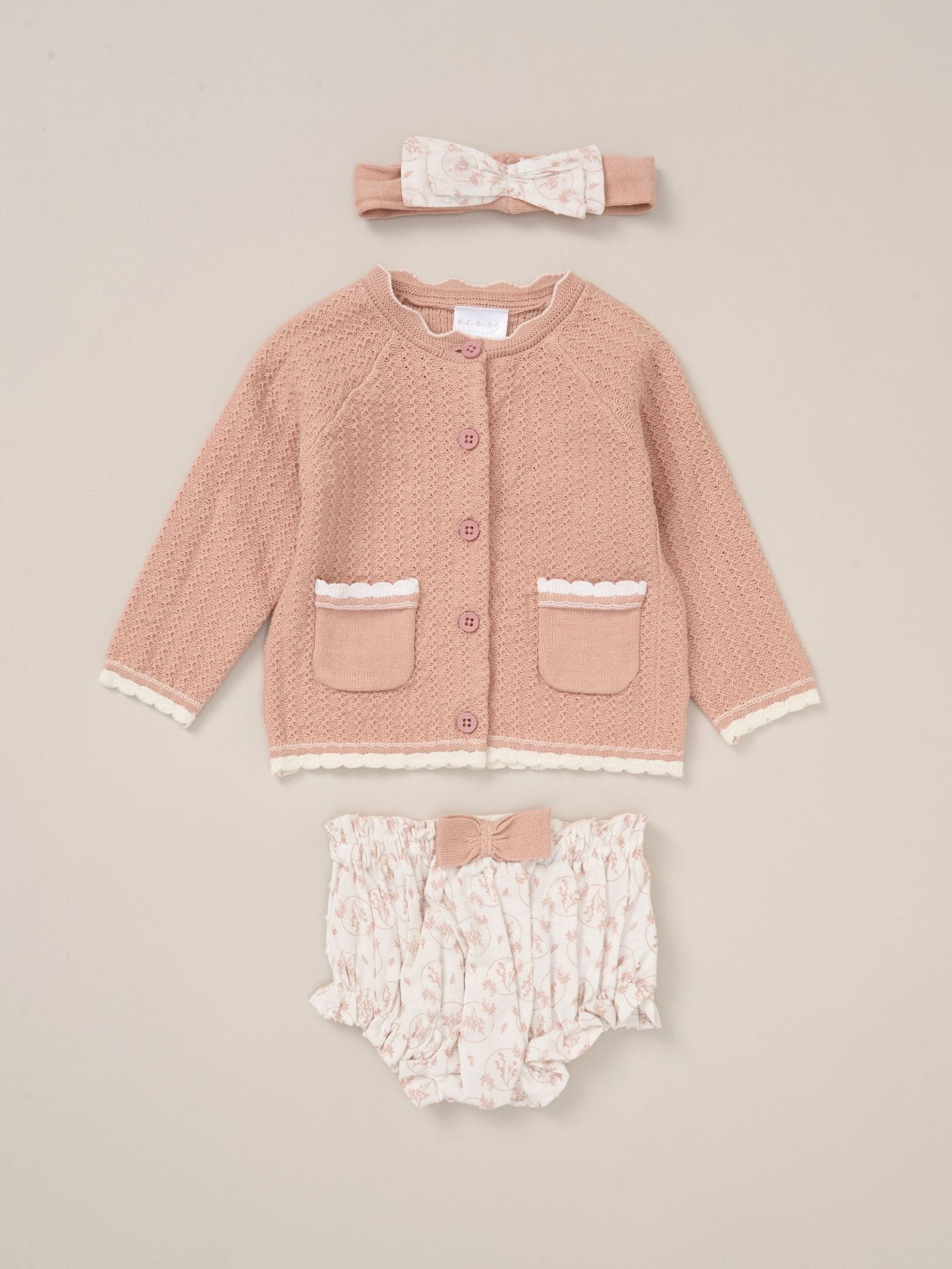 Rock-A-Bye Baby Boutique Pink Cardigan Woven Dobby Shorts Headband and Tights Outfit Set