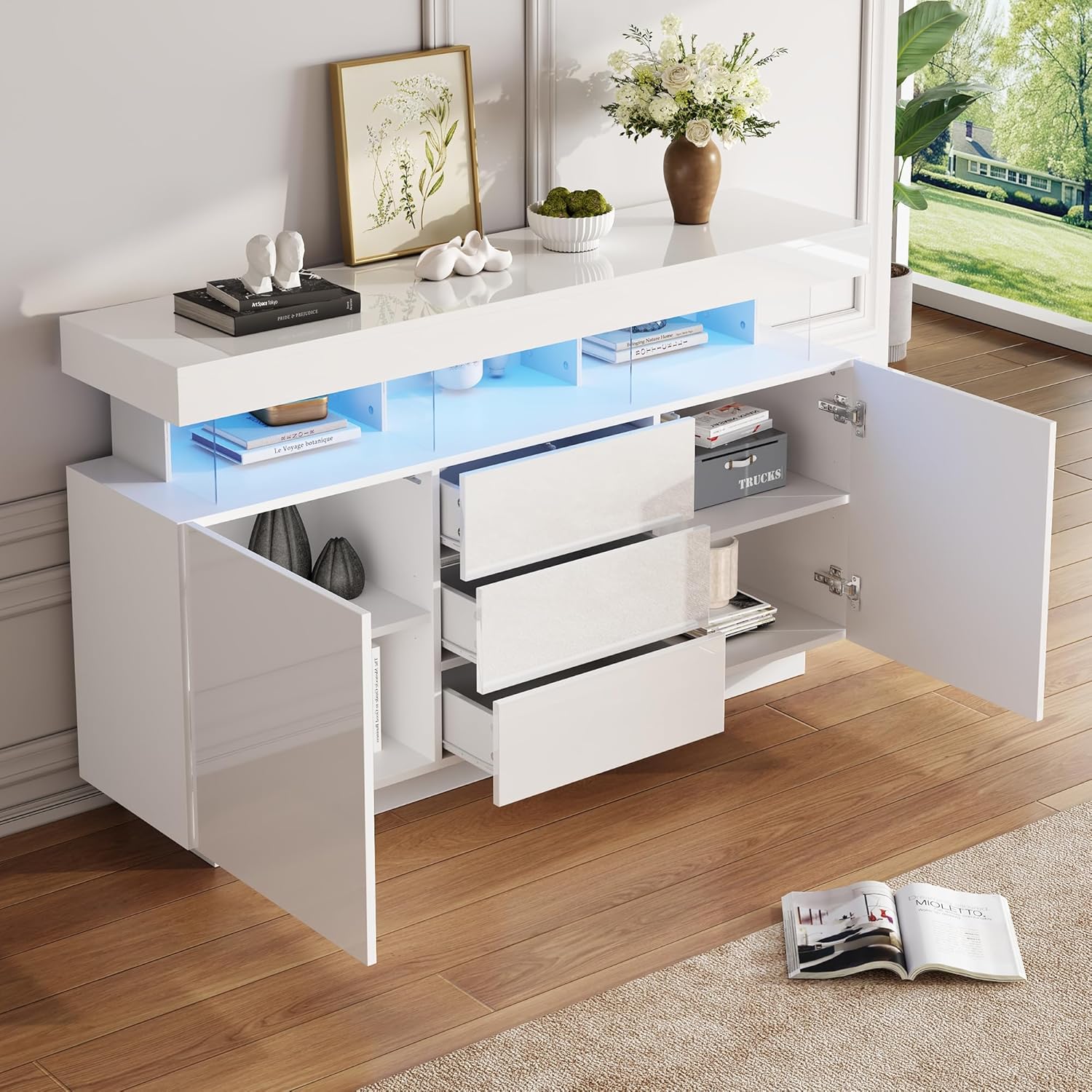 Kayan Kommode, Hochglanz Sideboard mit 2 Türen, 3 Schubladen und 3 offenes Regal, 16-Farbigem LED Beleuchtung, Mehrzweckschrank für Wohnzimmer und Schlafzimmer, 140 x 35 x 80 cm, Weiß