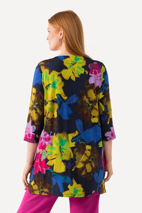 Slinkyshirt, Blüten, V-Ausschnitt, 3/4-Arm