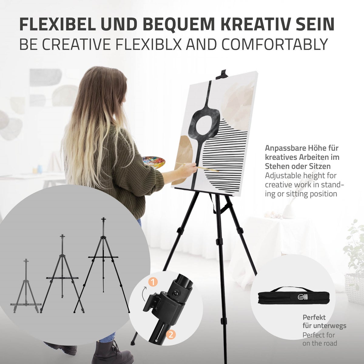 ECD Germany 140-delige XXL schilderset met ezel, kunstenaarsset acryl & tekenset - kleurpotloden, canvas, penselenset, waterverf, pastels, aluminium staande ezel, schilderset met studio-ezel