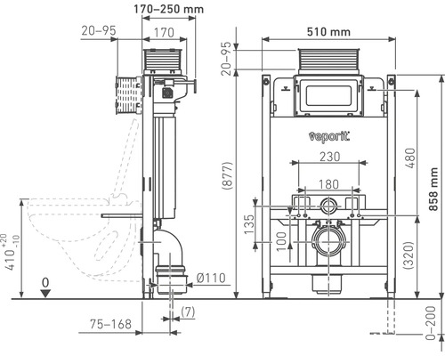 veporit. Voorwandelement voor wandcloset ICUBOX WC 858 Duo H: 858 mm Bediening van voor en boven incl. inloopgoot en wandbevestiging