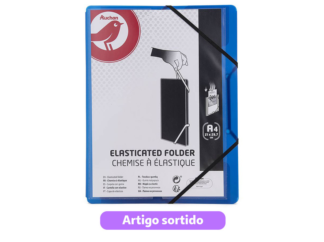 CAPA COM ELÁSTICOS AUCHAN A4 EM PLÁSTICO CORES SORTIDAS