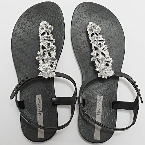 Tongs Femme Classic Shiny Flower Noir Argenté