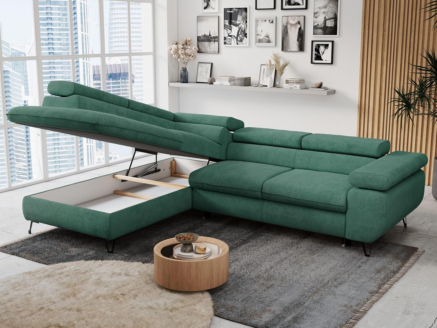 MKS MEBLE Ecksofa Wohnlandschaft L-Form mit Schlaffunktion und Bettkasten, Schlafsofa mit Bettkasten, Sofa mit Einstellbare Kopfstützen, Peter L - Stukture - Links Grün