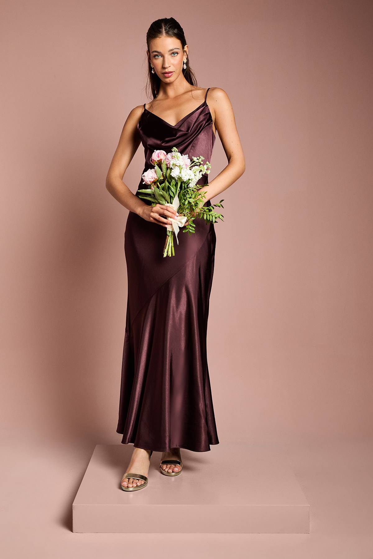 Coast Robe de Demoiselle d'Honneur Longue Sirène en Satin à Col Drapé et Bretelles