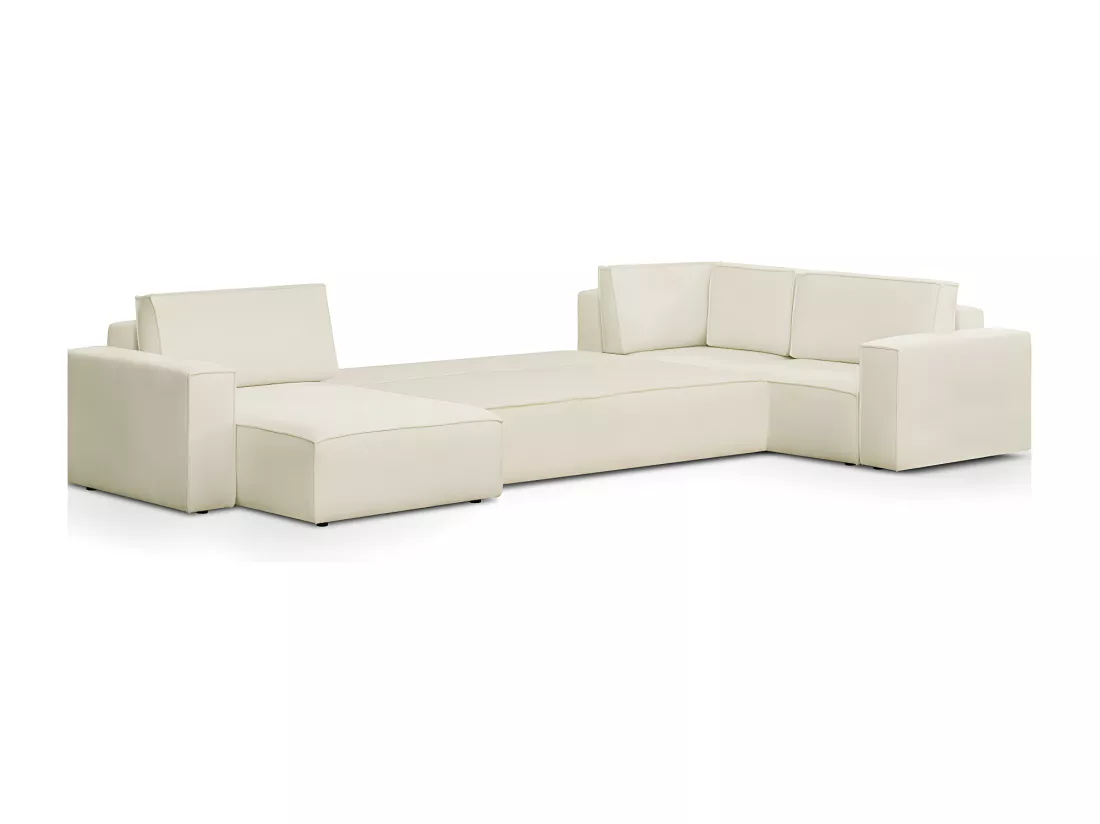 Canapé d'angle à droite panoramique convertible modulable 8 places en tissu bouclé écru - Harper Mod