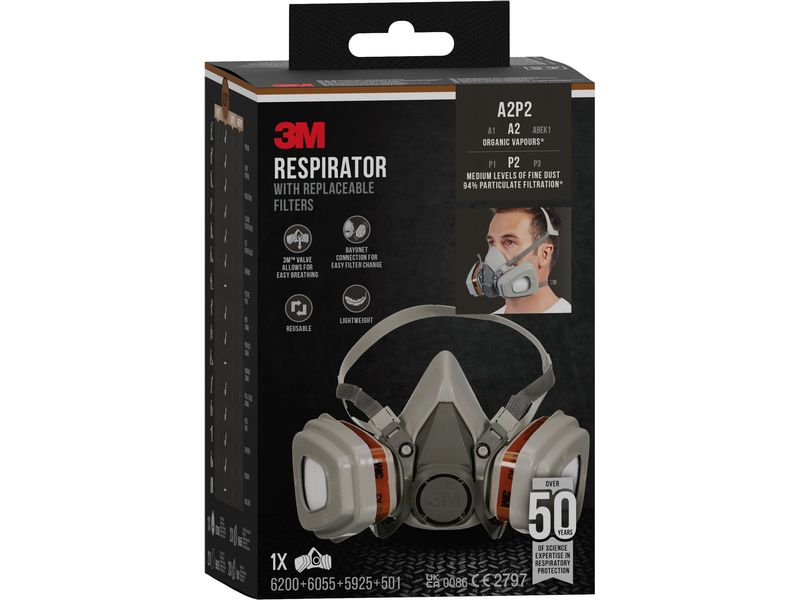 3M Farbspritzmaske 6002C inkl. Ersatzfilter A /FFP2 Farbspritzmaske mit Wechselfilter, 1 Stück enthalten