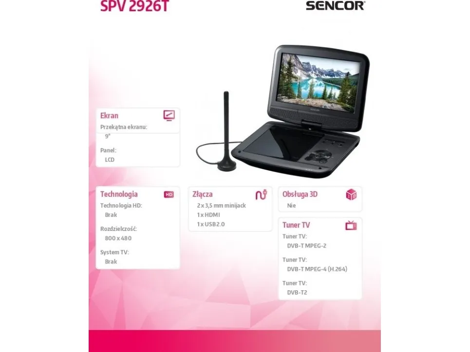 Sencor SPV 7926T, Bærbar DVD afspiller, Konvertibel, Sort, CD-lyd, CD-video, DVD-Audio, DVD-Video, MP3, CD, CD-R, CD-RW, DVD R, DVD RW, DVD-R, DVD-RW, DVB-T, DVB-T2