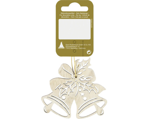 Kerstversiering, hangende bel, natuurlijk hout