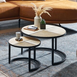 Couchtisch rund 2er Set Ø 60/Ø 40 cm Schwarz/ Mango massiv