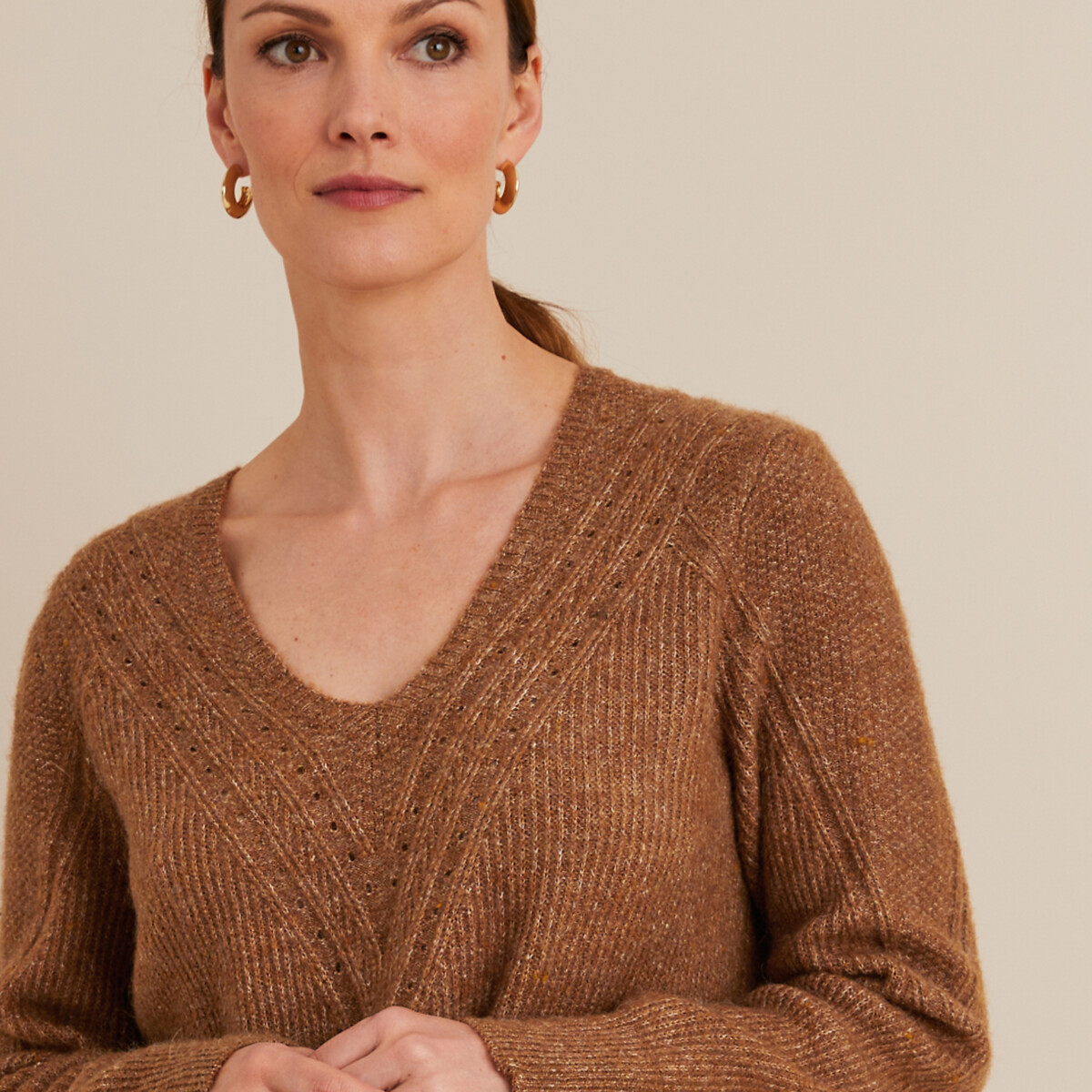 ANNE WEYBURN<br>Suéter túnica com decote em V em malha fina