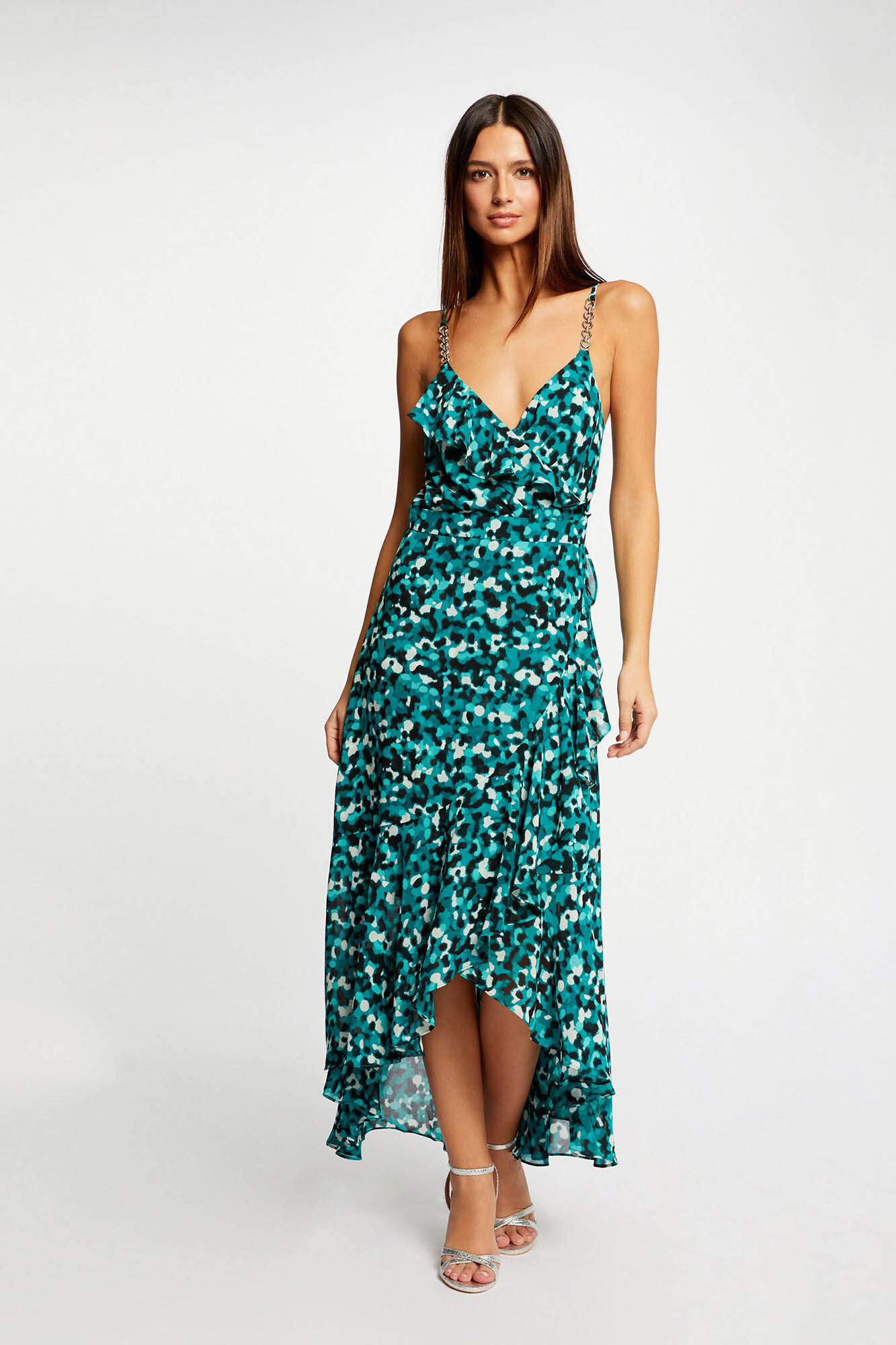 Vestido longo evasê estampado - Estampa verde