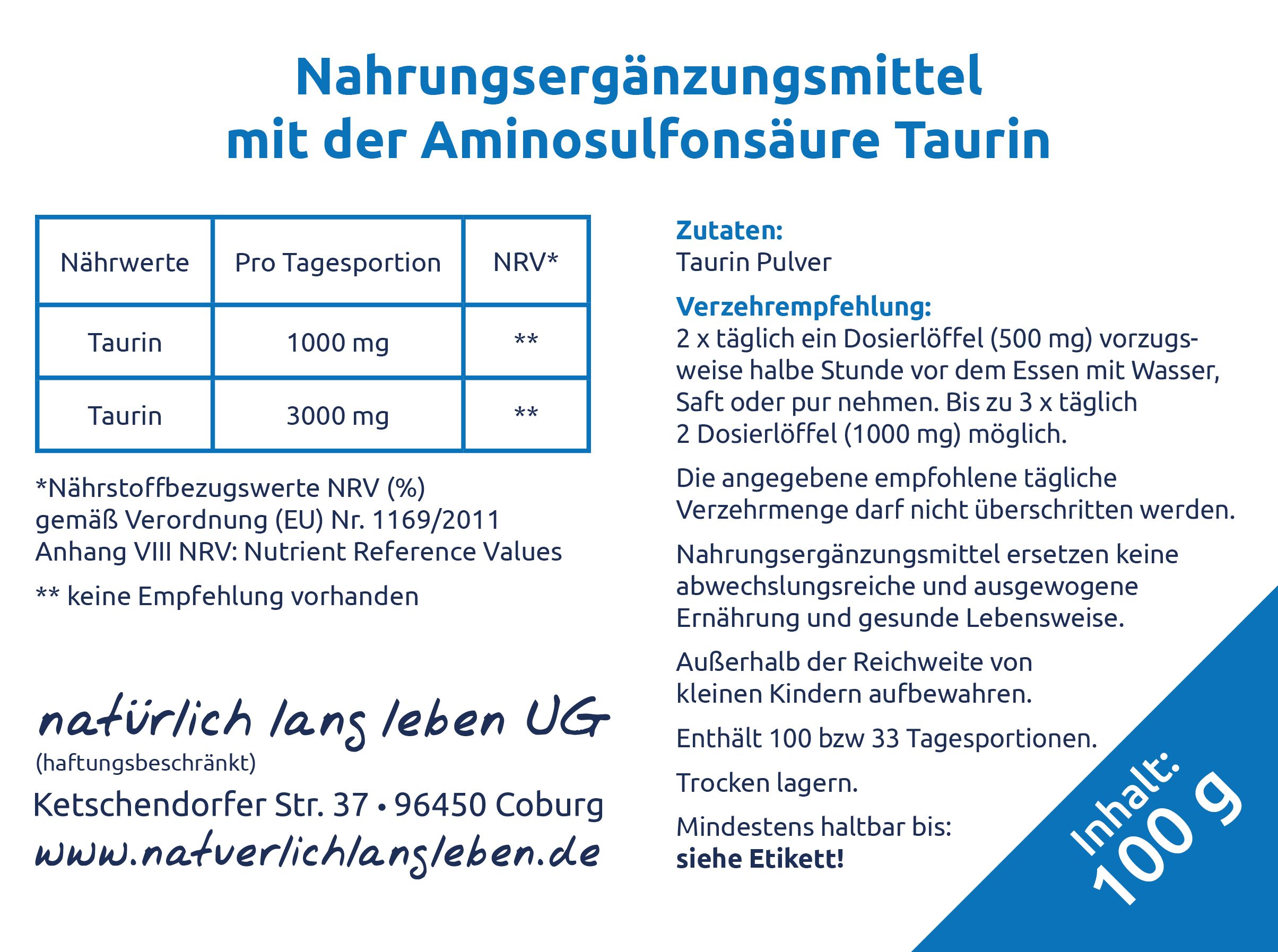 natürlich lang leben Taurin Pulver