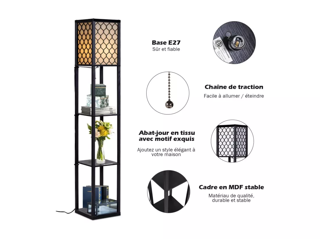 Lampadaire avec 3 niveaux etagère 220-240v,60w design scandinave (ampoule non inclus)
