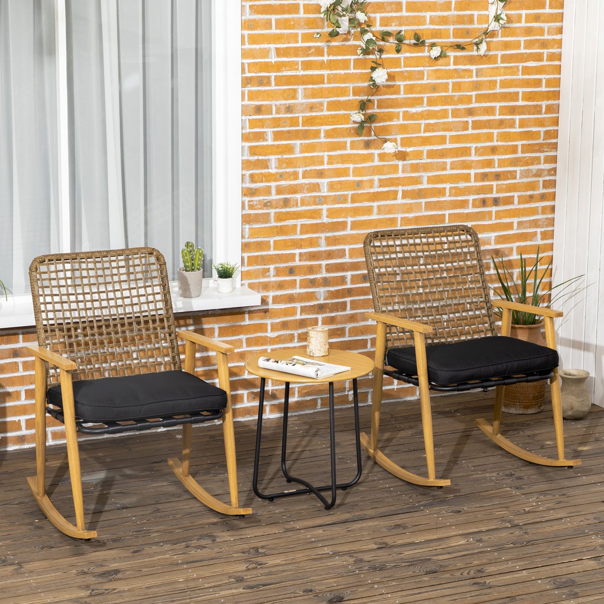 Outsunny 3-delige tuinmeubelset, 61L x 80B x 91H cm, staal, PE rotan, polyester, zwart