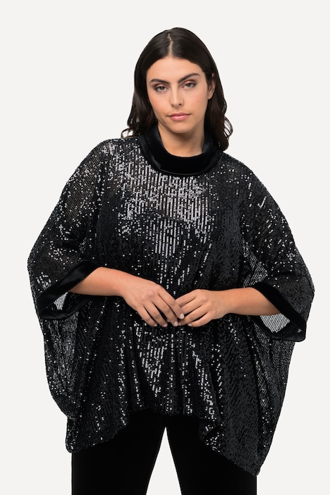 Pailletten-Shirt, Oversized, Samt-Rollkragen, Halbarm