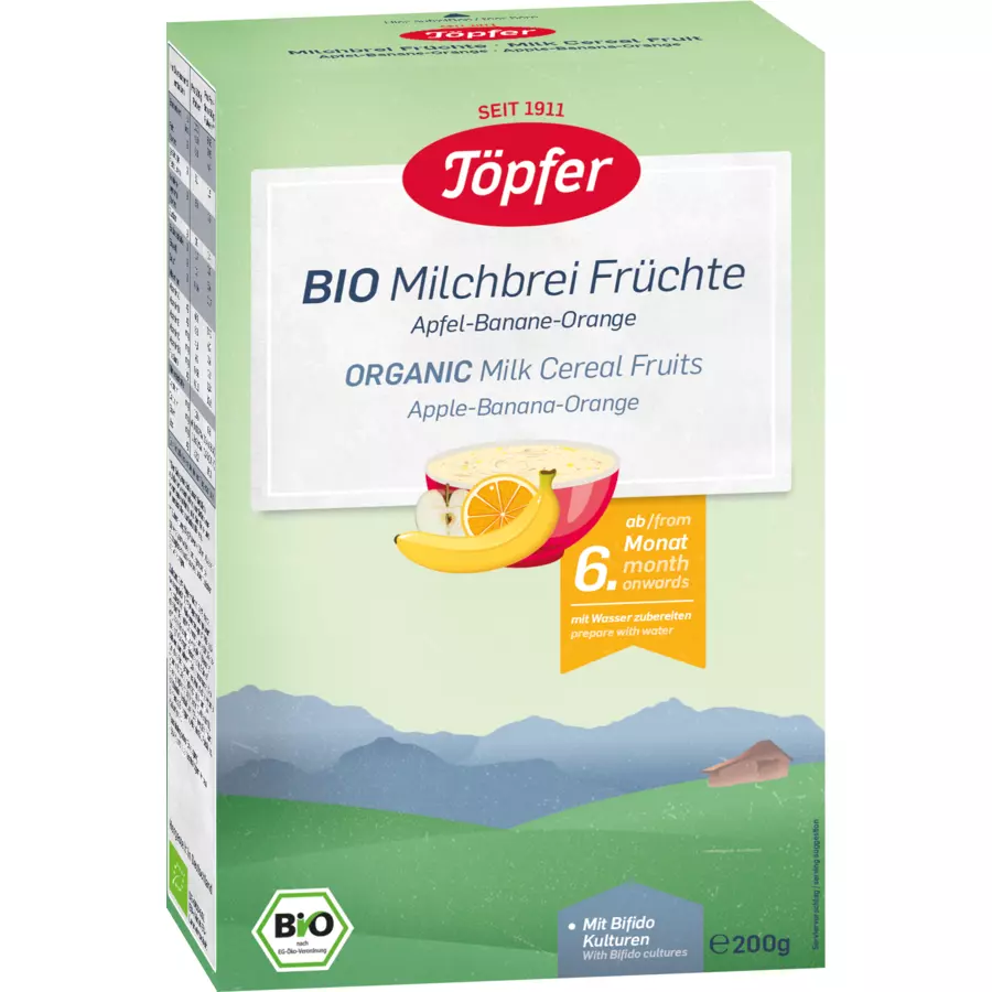Töpfer Milchbrei Früchte Apfel-Banane-Orange Bio 200 g ab dem 6. Monat