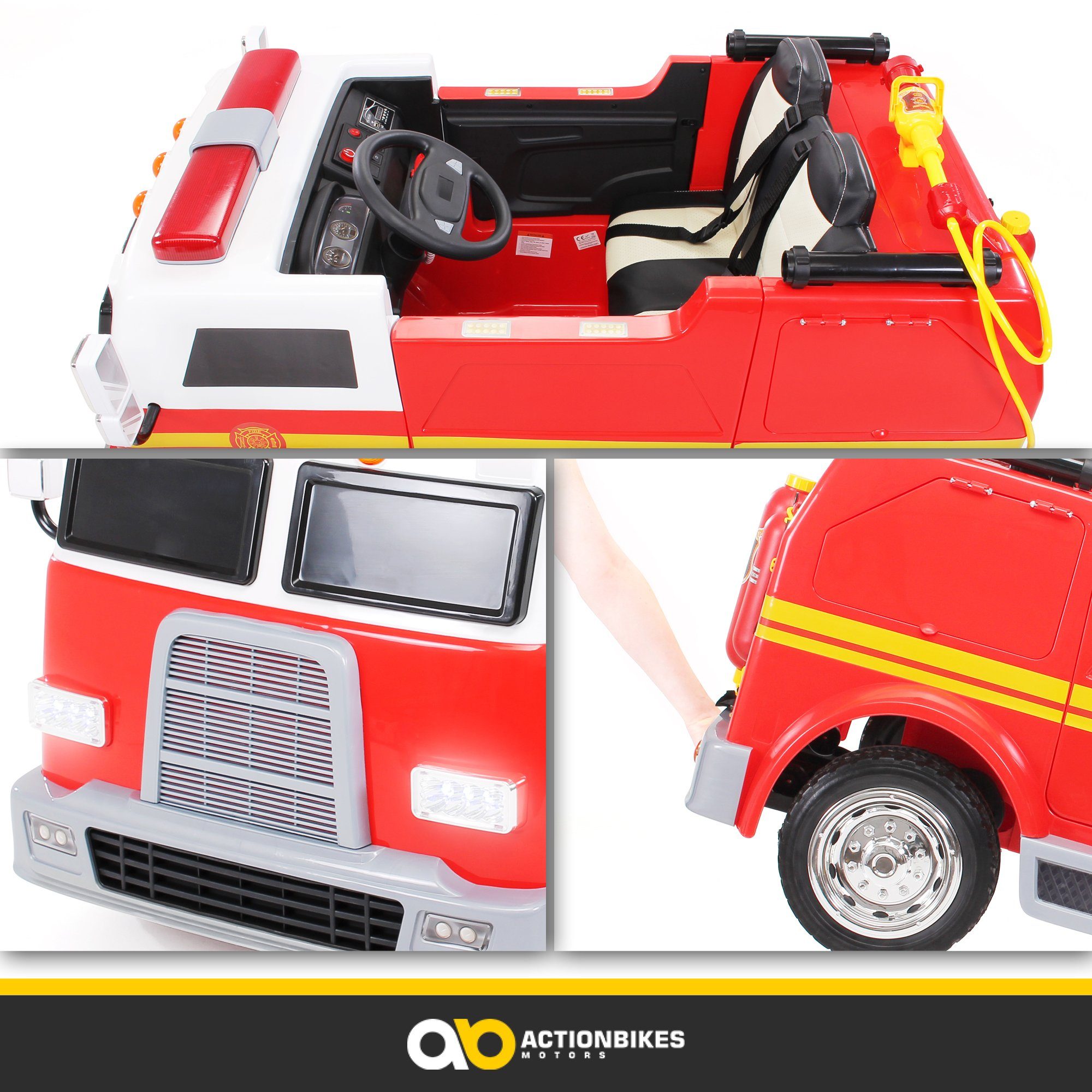 Carrinho elétrico infantil Actionbikes Motors, modelo LL911, estilo bombeiro, com controle remoto, seringa e sirene, capacidade de carga de 40 kg (2 peças), brinquedo infantil de dois lugares a partir de 3 anos de idade.