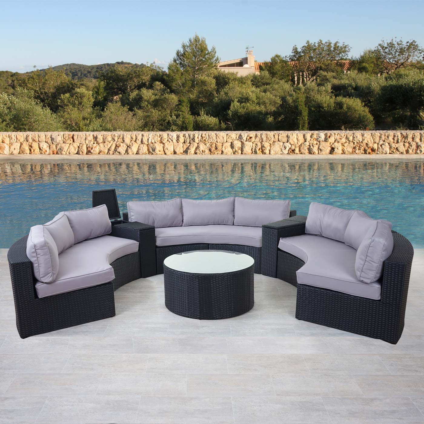 Luxus Poly-Rattan-Garnitur Lier, Sitzgruppe Lounge-Set, XXL Sofa rund, anthrazit Kissen grau