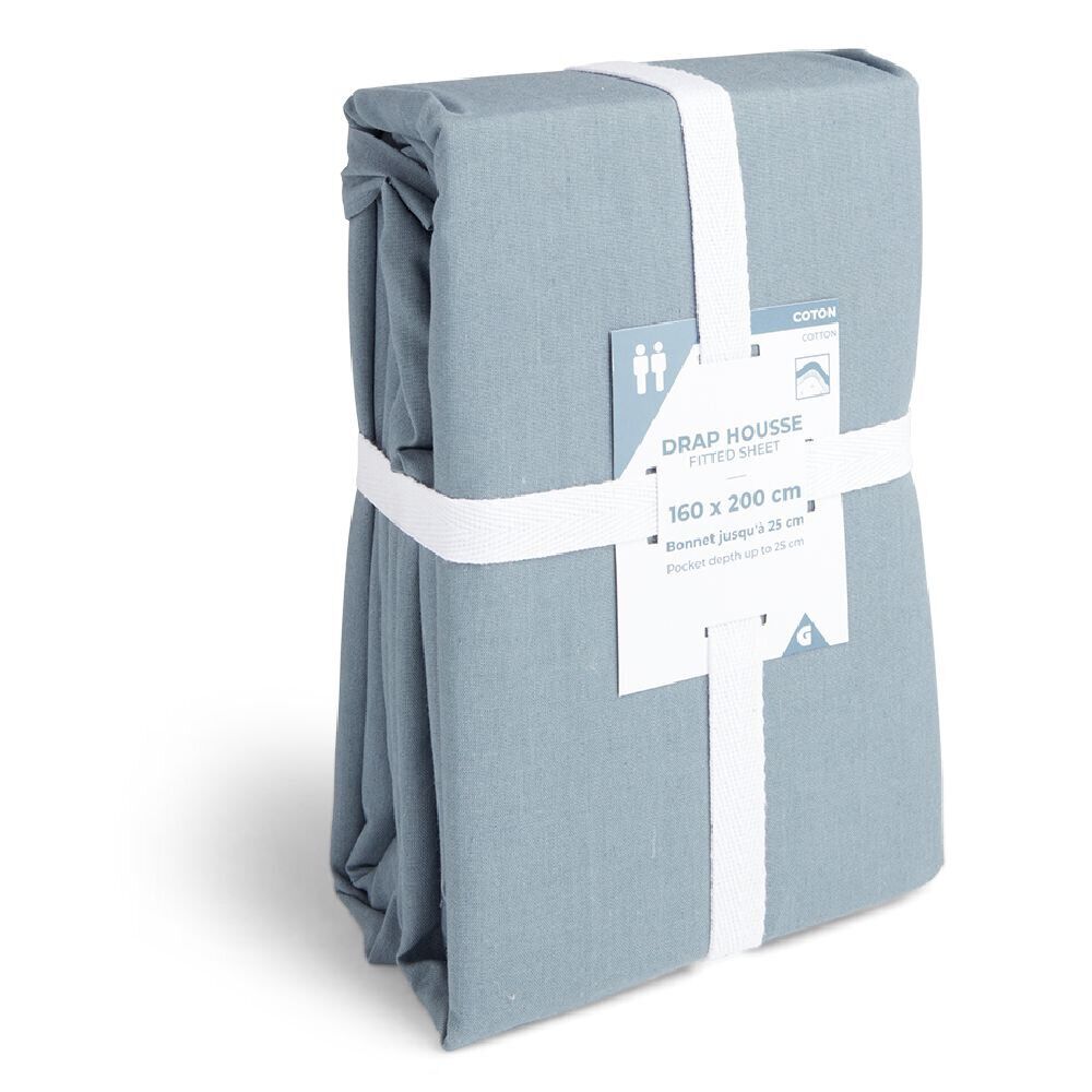 Drap housse 160x200cm 100% coton bleu chiné