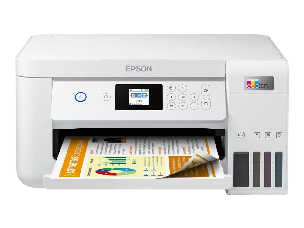 Epson EcoTank ET-2856 - Multifunktionsprinter - farve - blækprinter - kan genopfyldes - A4 (medie) - op til 10.5 spm (udskriver) - 100 ark - Wi-Fi, USB - hvid