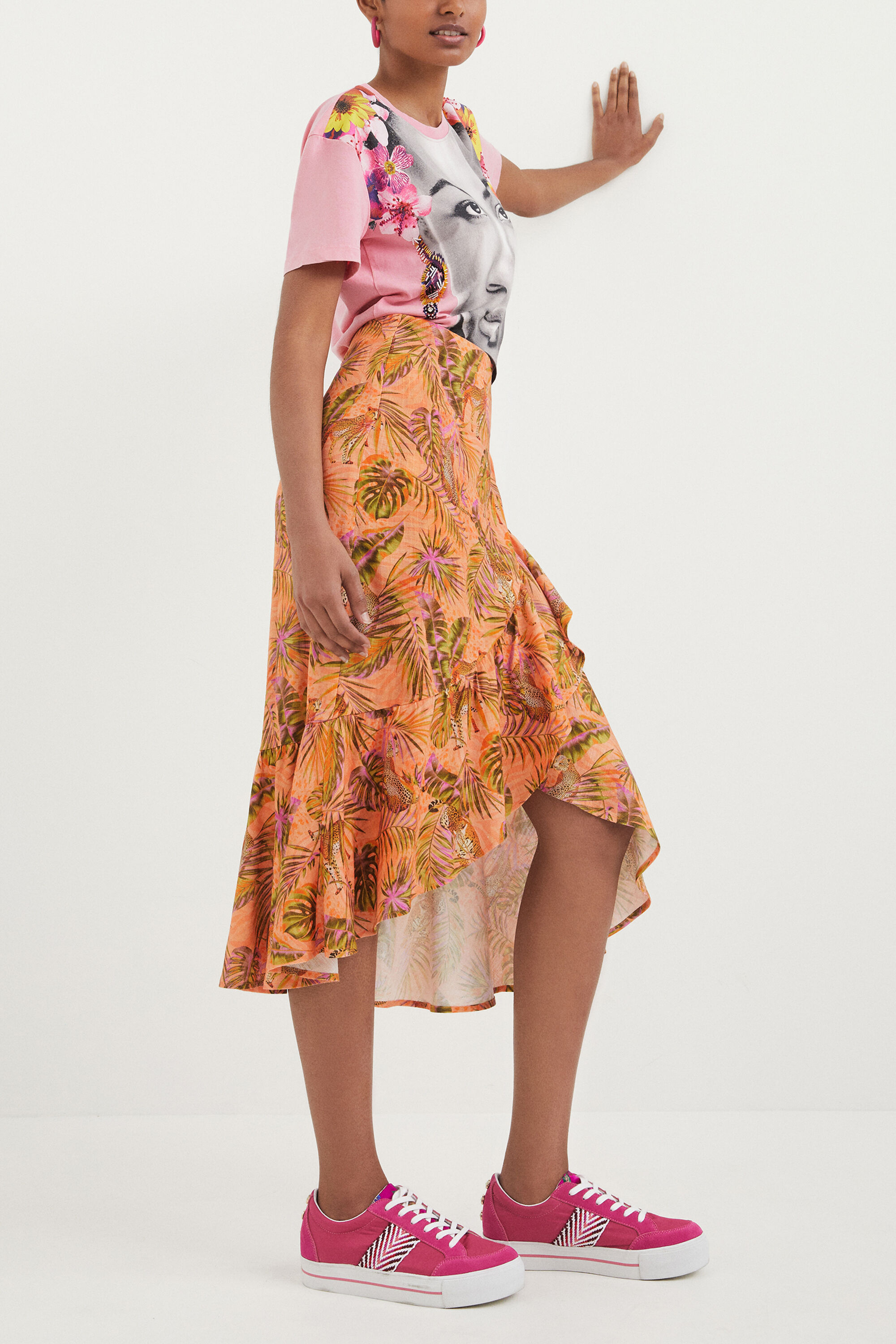 Jupe midi tropicale à volants