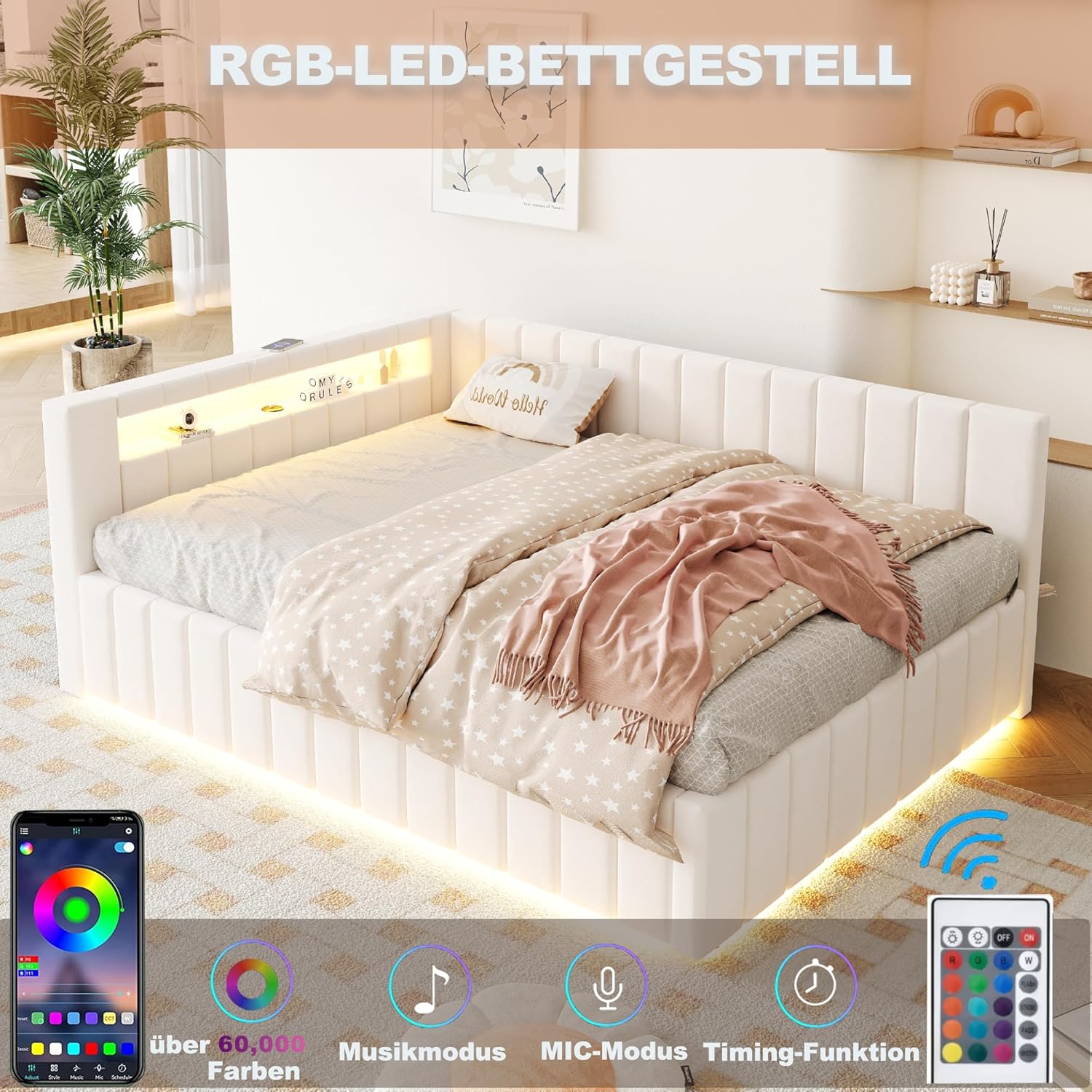 ANIROY L-förmige Schlafsofa 140x200cm, Samtstoff Polsterbett Daybett Sofabett mit LED und USB, Hydraulisches Stauraumbett, Doppelbett Bettgestell mit Lattenrost und Rückenlehne (Beige B)