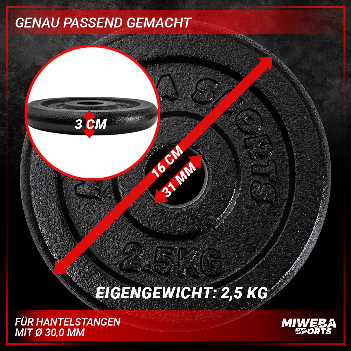 Miweba Sports Hantelscheiben HSG25, 4x 2,5 kg Hantel-Gewichte, passend für Ø 30mm, Set, Gusseisen