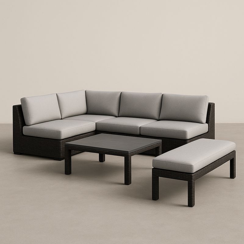 Gartenmöbelset aus Rattan mit Ecksofa, Beistelltisch und Bank in Anthrazit Polyester