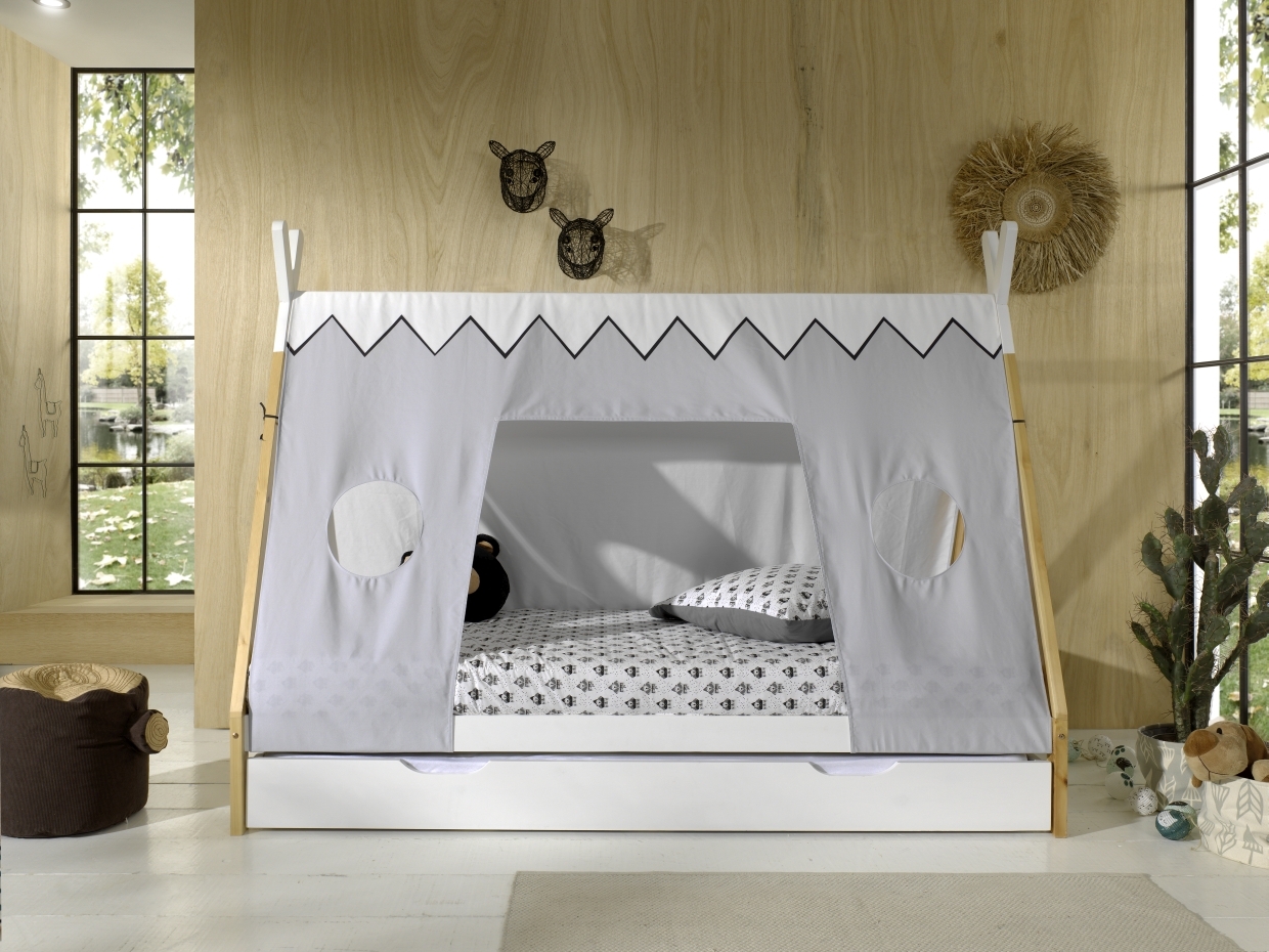 Tipi-Zelt-Bett - weiß-Kiefer - Schublade - Rolllattenrost - 90x200 cm
