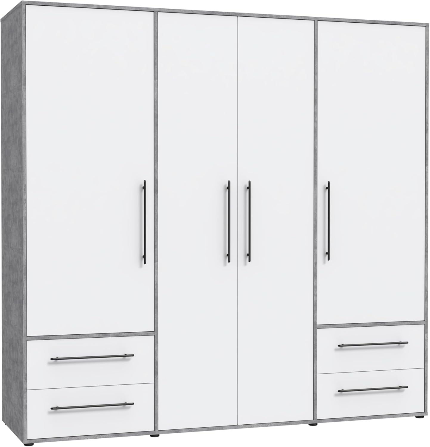 FORTE Jupiter Schrank 200 210, Kleiderschrank, Drehtürenschrank, 4-türig, mit 4 Schubladen und Einlegeböden, Betonoptik Grau und Weiß, 206 cm breit x 59 cm tief x 200 cm hoch