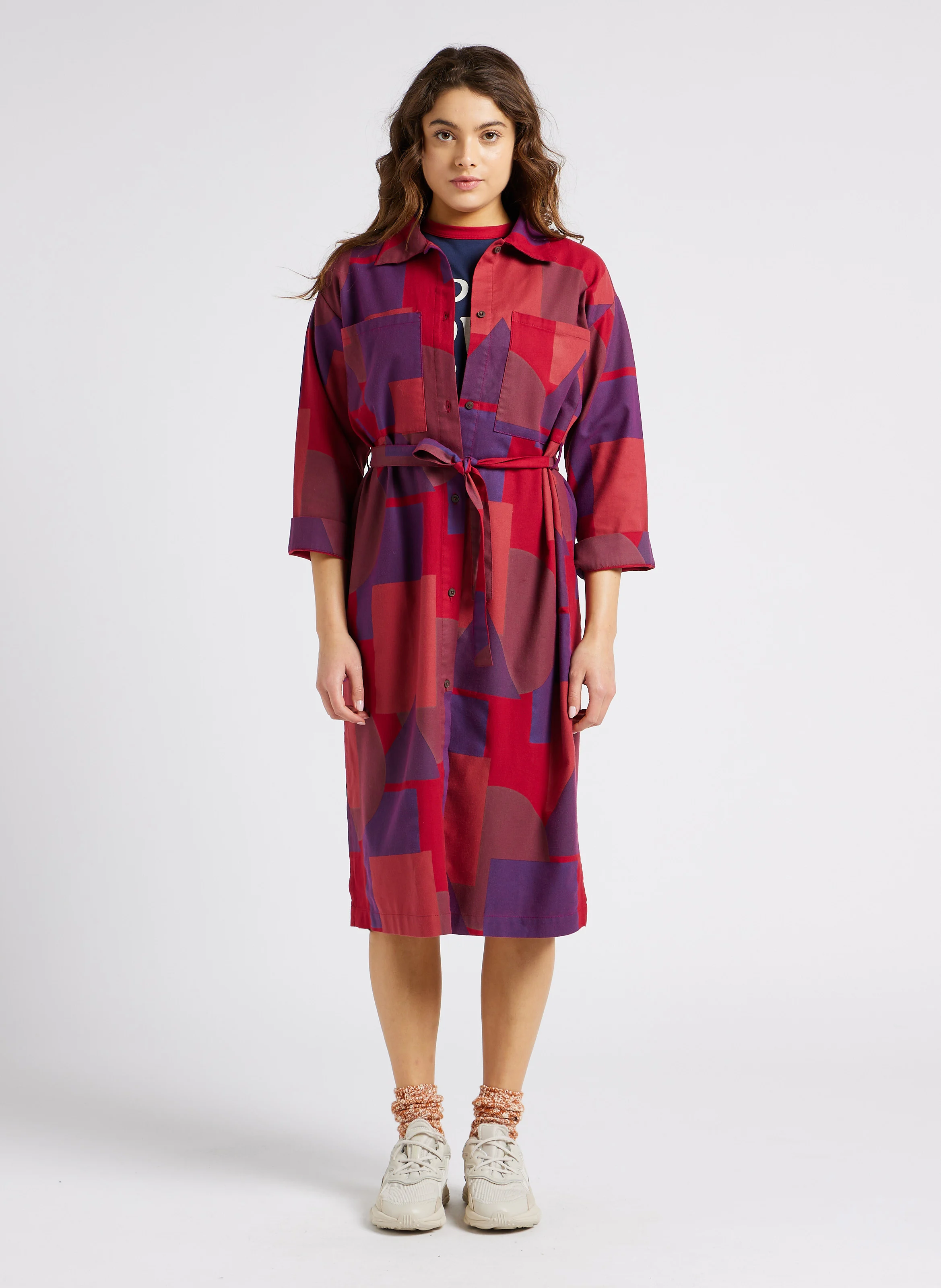 Robe midi col classique imprimée en coton| Multicolore