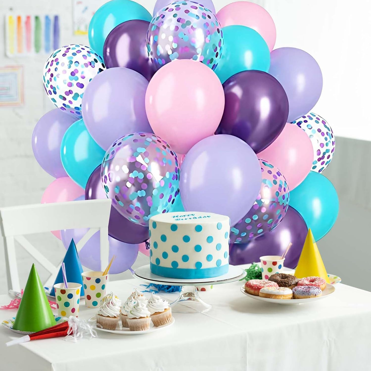 (60er Set) Ø30cm Latex Party Ballons Party Deko Accessoire Luftballons mit Konfetti - Blau / Rosa / Lila
