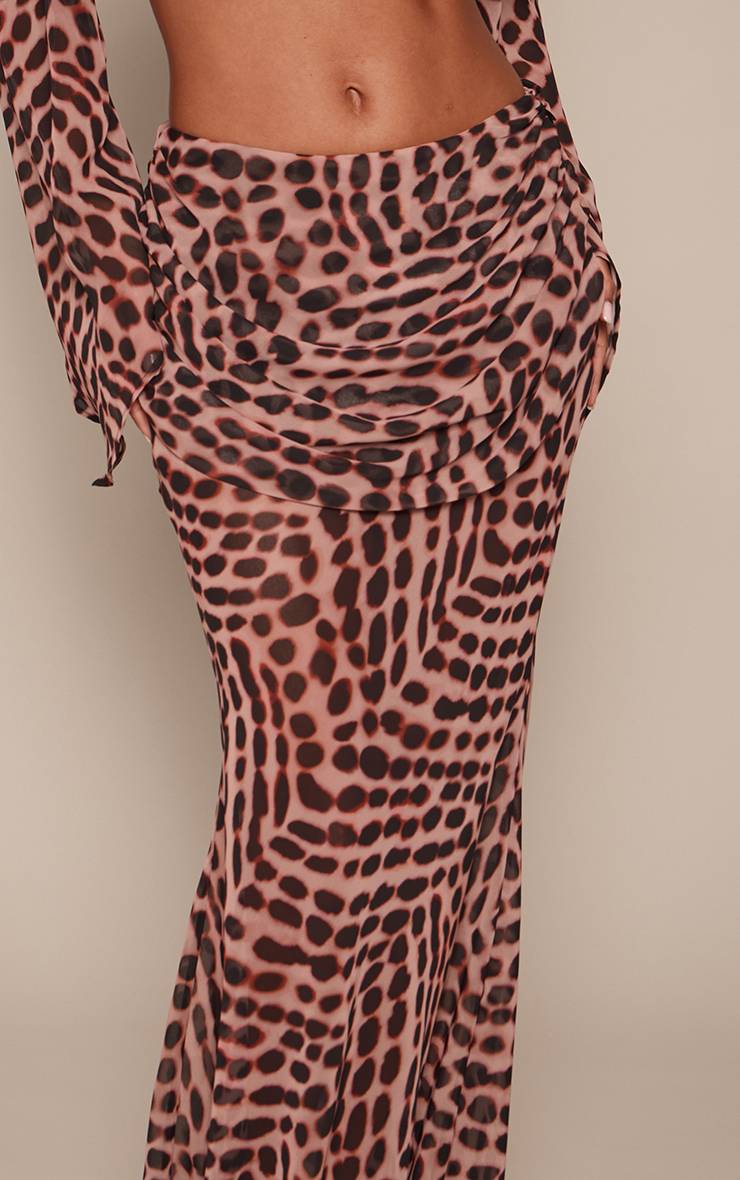 Marron Jupe Longue Coordonnée Taille Drapée Imprimé Abstrait En Mousseline