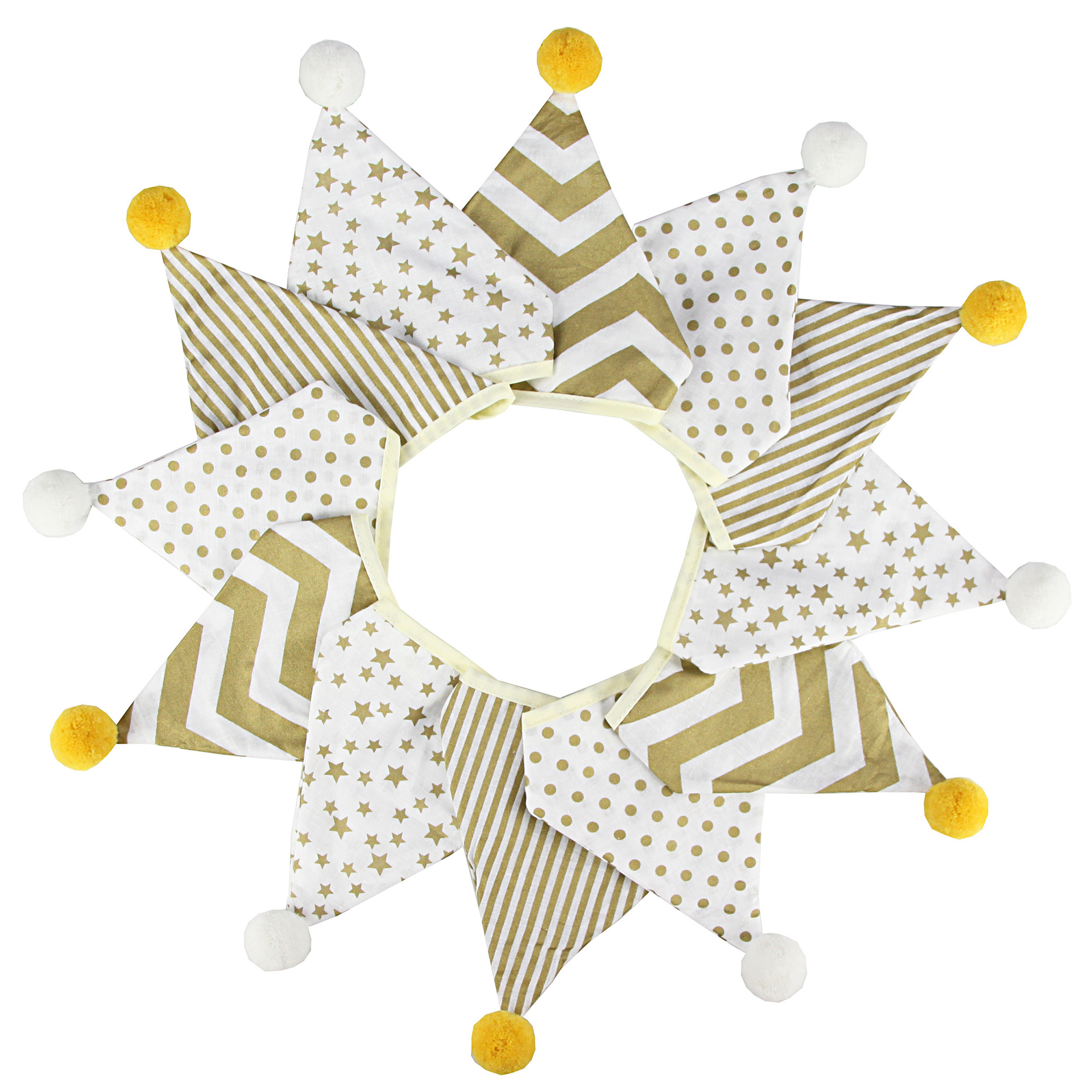 (2m) Stoff Wimpelkette Kinderzimmer Fahnen Girlande Party Deko Accessoire mit Pompon's - Gold / Weiss
