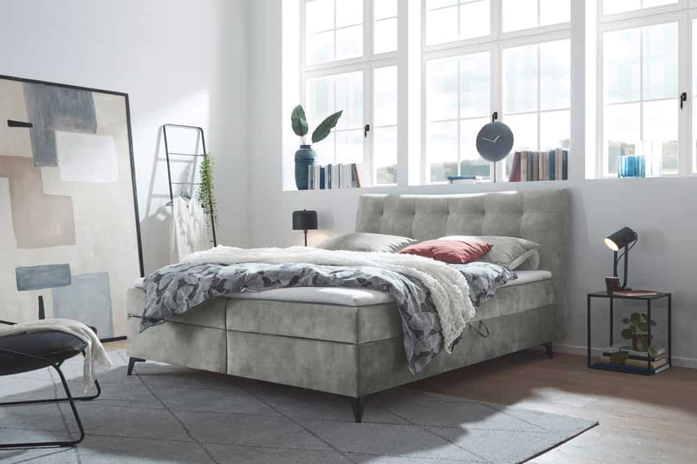 Design Boxbett DECADENCIA 180x200cm silbergrau Samt mit Stauraum Matratze Topper