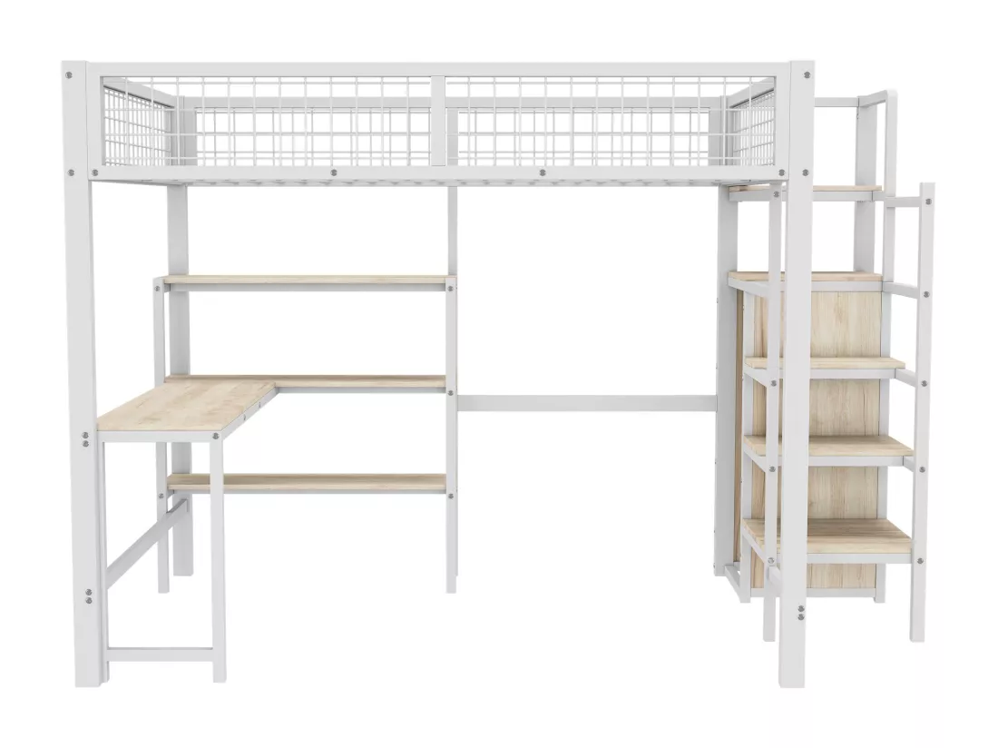 Lit mezzanine 140 x 200 cm avec bureau en L, armoire et étagères - Métal + MDF - Sommier à lattes - Blanc (sans matelas)