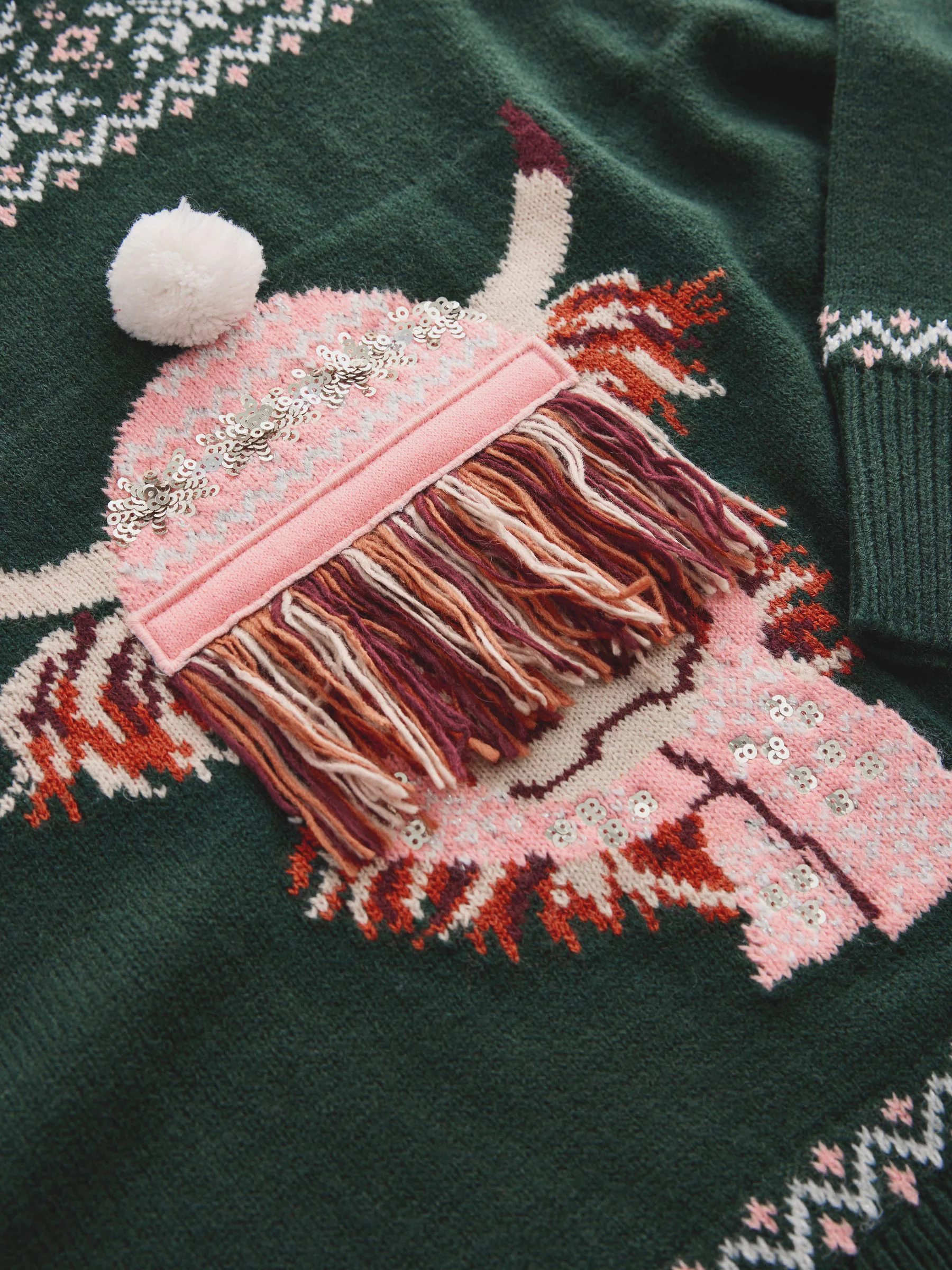Donkergroen - Wollen Matching Family kersttrui voor dames met Hamish de Highland Cow