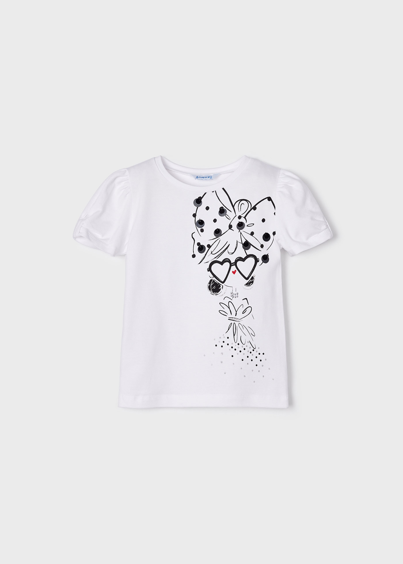 Camiseta feminina de algodão com lantejoulas e mangas curtas