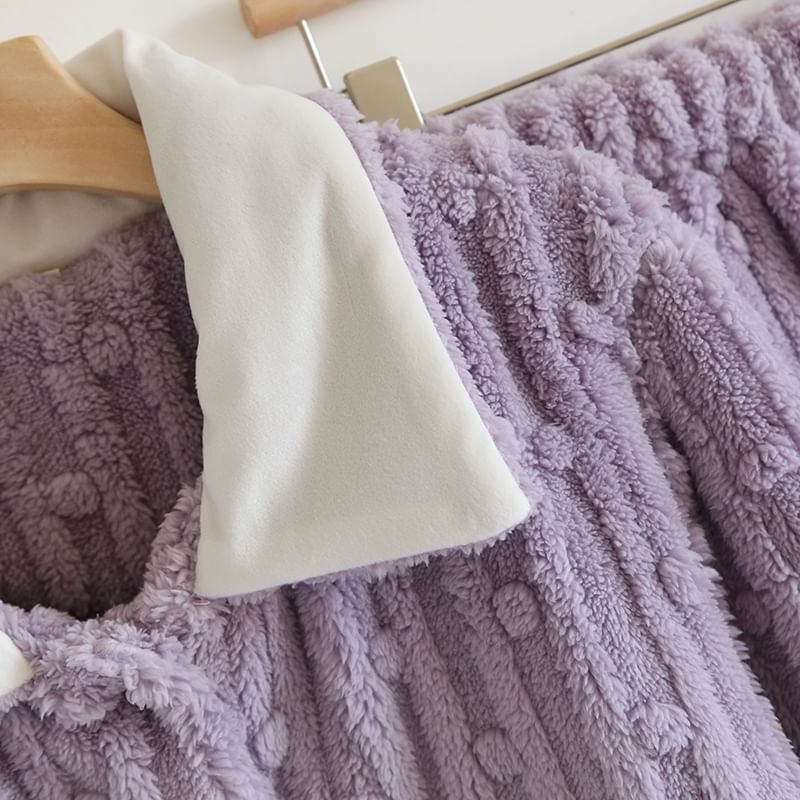 MelMount - Pyjamaset: Lange mouwen, kraag, tweekleurige strik, koraalkleurige fleece top met knopen + elastische tailleband en rechte pijpen