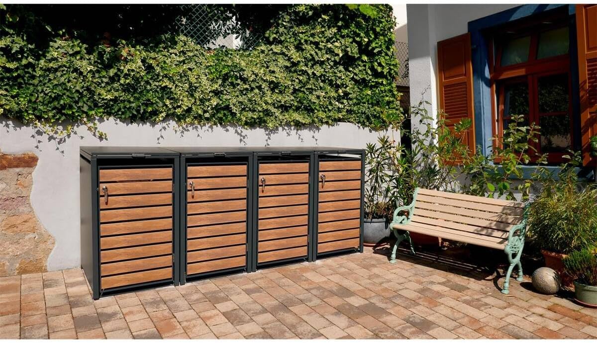 Metzler Mülltonnenbox in Anthrazit & Holzoptik 4er 240L, Mülltonnenverkleidung 4 Tonnen, witterungsbeständiger und pulverbeschichteter Stahl mit Automatikdeckel, abschließbar, Garten- und Müllbox