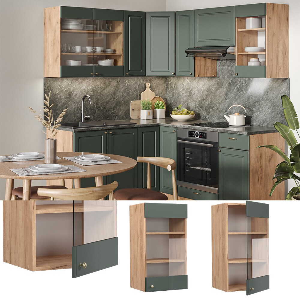 Vicco Hängeglasschrank Küchenschrank Küchenmöbel Fame-Line Eiche Grün-Gold Landhaus 40 cm Küche Einbauküche Hängeschrank Glasschrank Drehtür Einlegeboden Küchenzeile